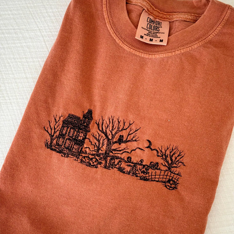 Embroidered Haunted House Comfort Colors T-shirt