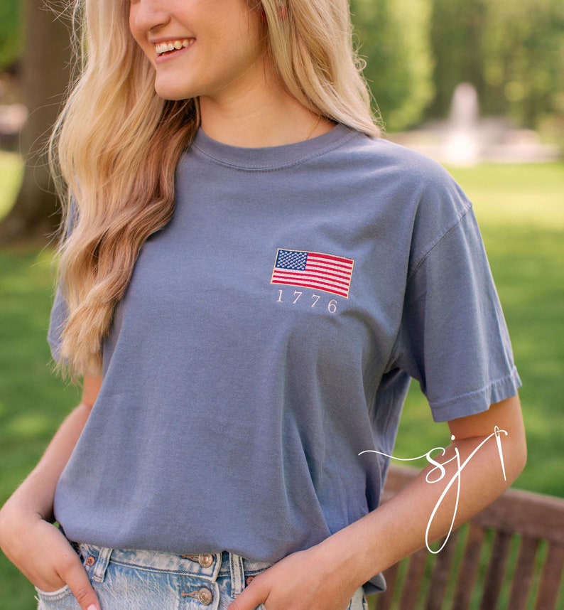 1776 Embroidered American Flag Tee Tank Long Sleeve Crewneck Sweatshirt Patriotic Vintage Inspired 4th Of July Usa Shirt