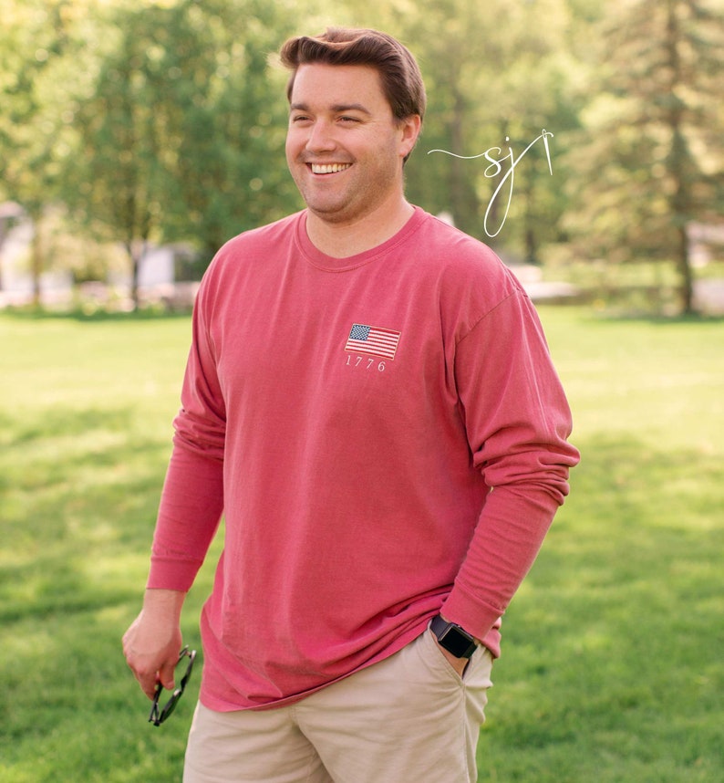 1776 Embroidered American Flag Tee Tank Long Sleeve Crewneck Sweatshirt Patriotic Vintage Inspired 4th Of July Usa Shirt