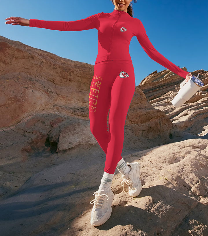 Kansas City Chiefs  2 Piece Workout  Sets :Sculpt High Waist Gym Leggings & long Sleeve Sports Top