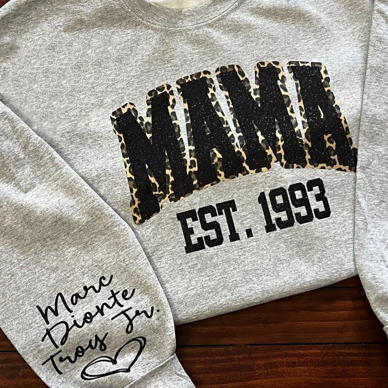 Custom Leopard Embroidery Mama Est Yaer Glitter Sweatshirt With Kids Name