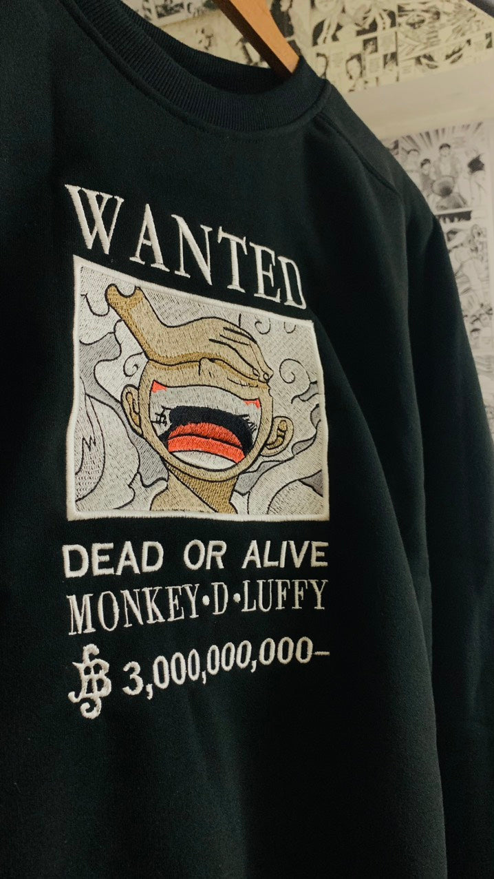 One Piece Luffy Wanted Embroidered Sweater – Anime Bounty Pullover for Fans