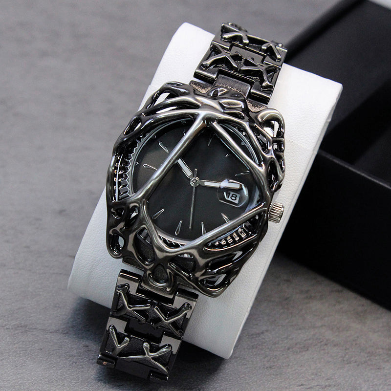 Men's Sculpted Steel Skeleton Watch with Date Display