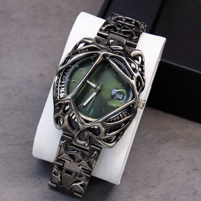 Men's Sculpted Steel Skeleton Watch with Date Display