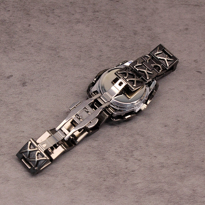 Men's Sculpted Steel Skeleton Watch with Date Display