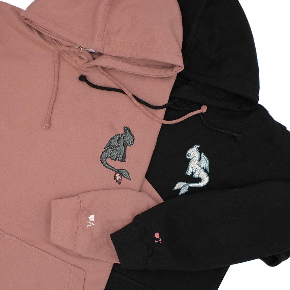 Custom Embroidered Hoodies For Couples, Custom Matching Couple Hoodie, Cartoon Toothless x Light Fury Couples Embroidered Hoodie