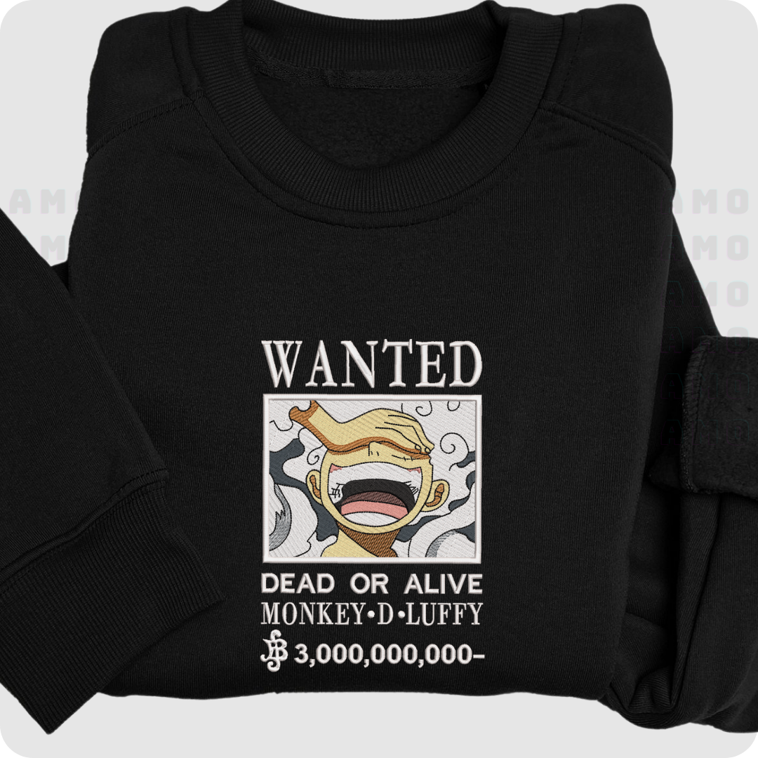 One Piece Luffy Wanted Embroidered Sweater – Anime Bounty Pullover for Fans