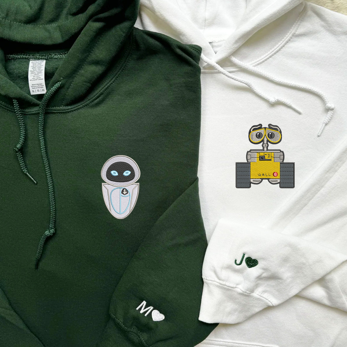 Custom Embroidered Hoodies For Couples, Personalized Couple Hoodies, His Her Hoodies, Cute Cartoon Wall E x Eve Couples Embroidered Hoodie
