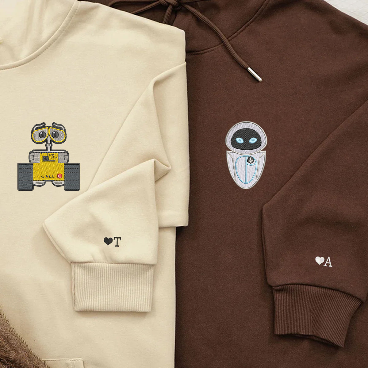 Custom Embroidered Hoodies For Couples, Personalized Couple Hoodies, His Her Hoodies, Cute Cartoon Wall E x Eve Couples Embroidered Hoodie