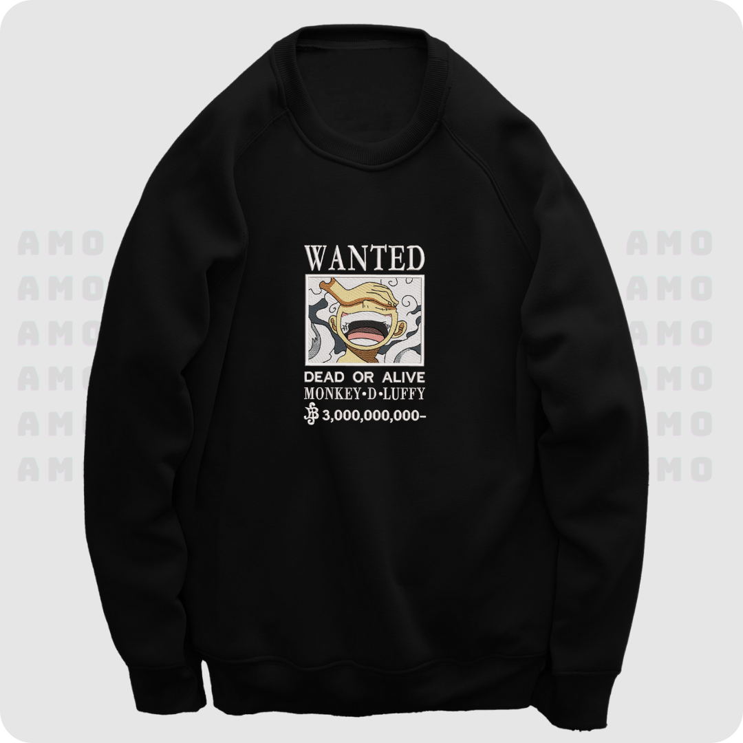 One Piece Luffy Wanted Embroidered Sweater – Anime Bounty Pullover for Fans