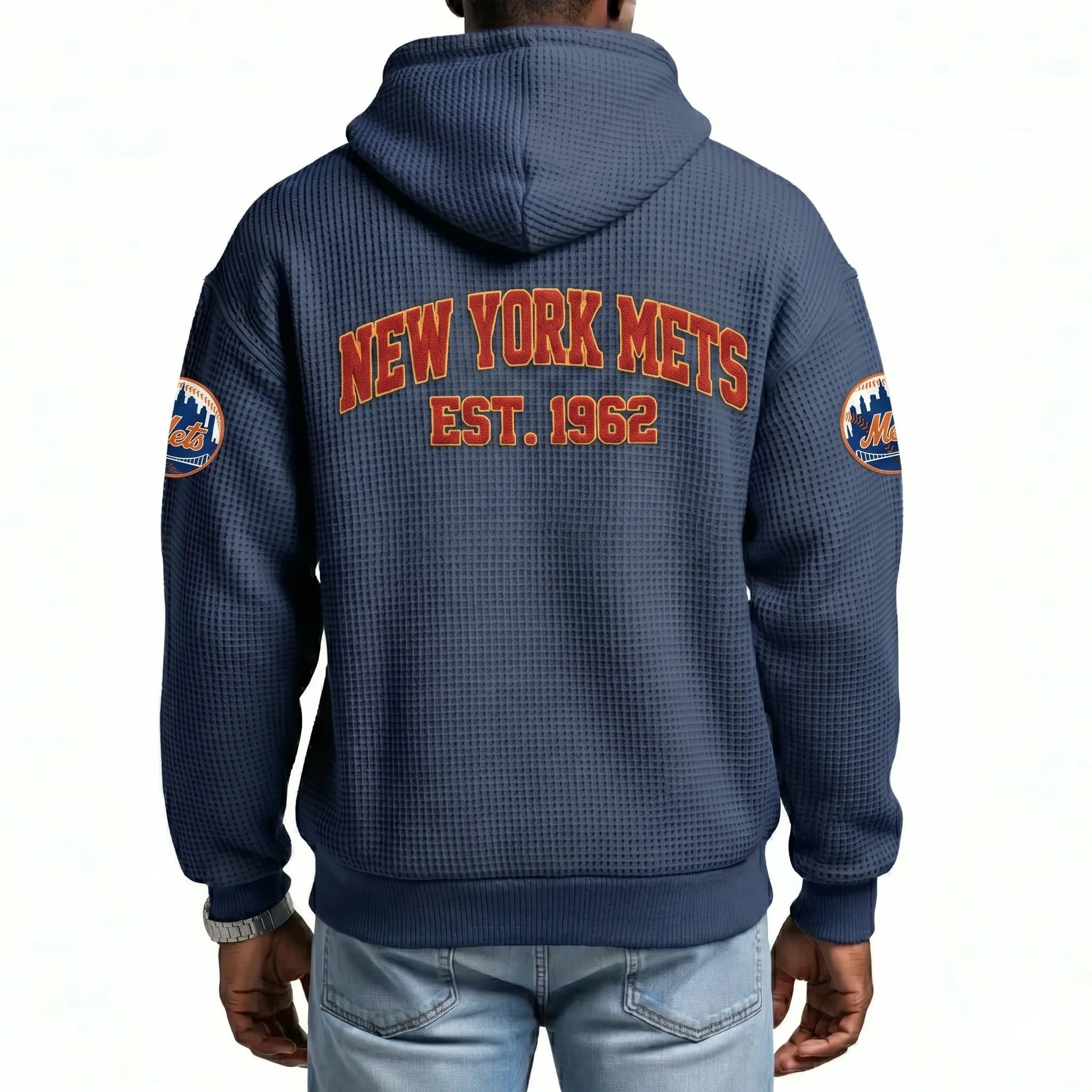 New York Mets EST 1962 Printed Waffle Quarter Zip Baseball Fan Hoodie