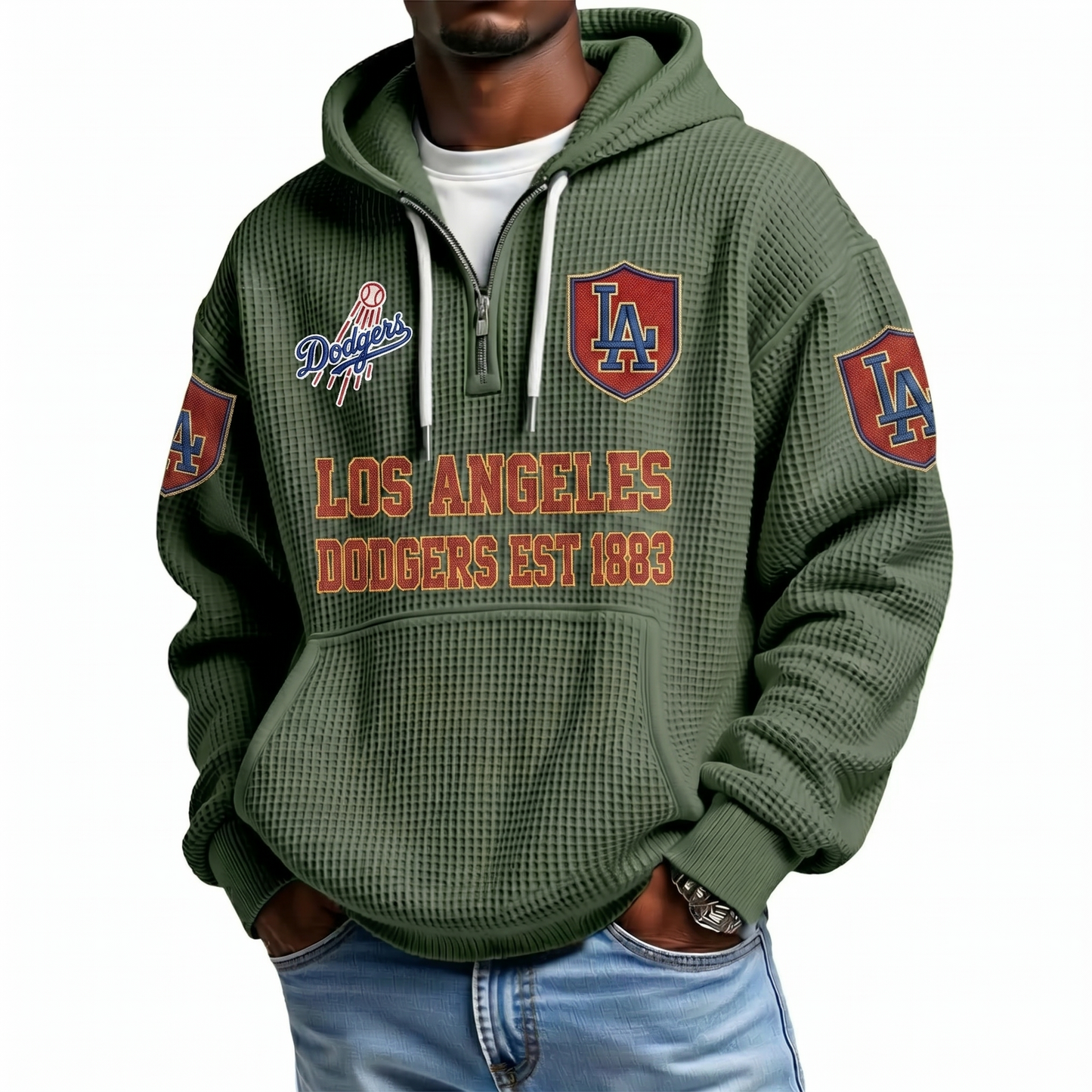 Los Angeles Dodgers EST 1883 Printed Waffle Quarter Zip Baseball Fan Hoodie