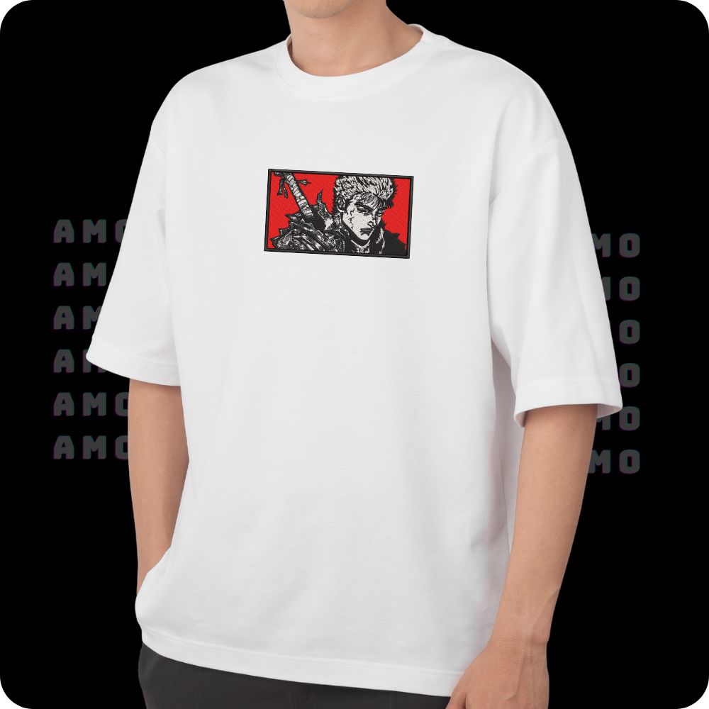 Guts Berserk Anime Embroidered T-Shirt – Dark Fantasy Embroidery Tee for Fans