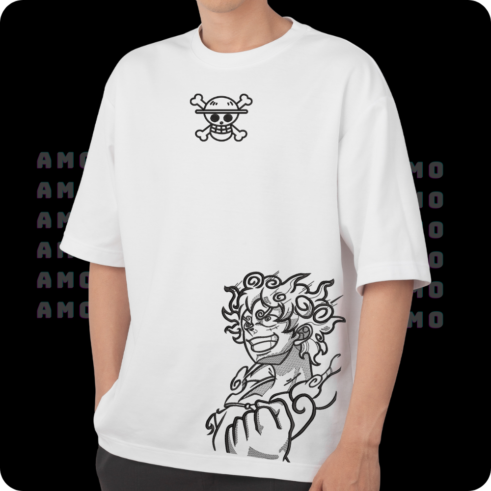 Luffy Gear 5 One Piece Embroidered T-shirt – Anime Embroidery Fan Art Tee