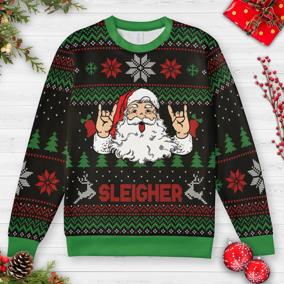 Sleigher Heavy Metal Music Hail Santa Ugly Christmas Sweatshirt
