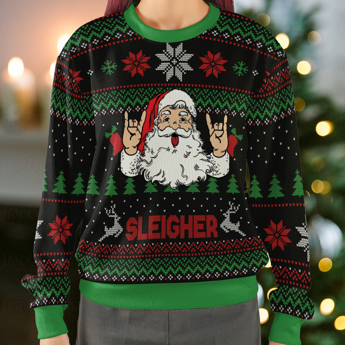 Sleigher Heavy Metal Music Hail Santa Ugly Christmas Sweatshirt