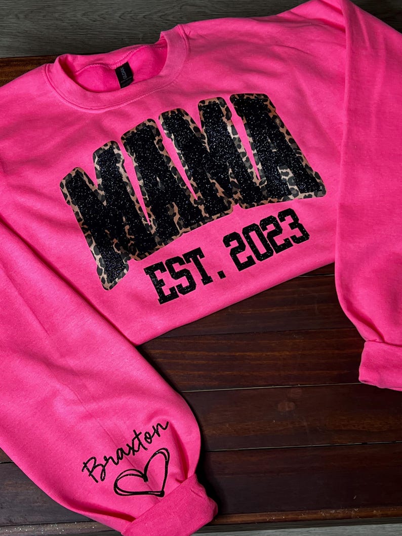 Custom Leopard Embroidery Mama Est Yaer Glitter Sweatshirt With Kids Name