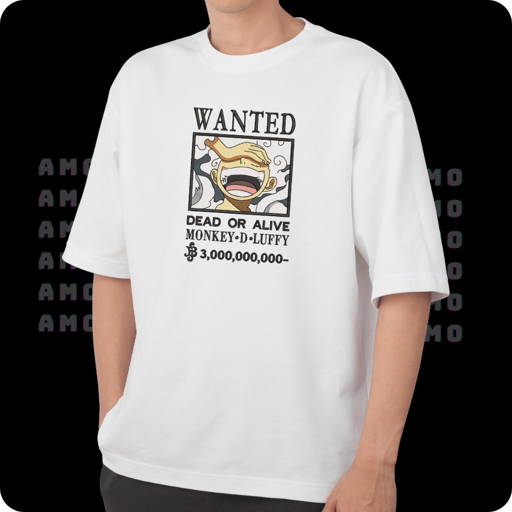 One Piece Luffy Wanted Embroidered T-shirt – Anime Bounty Fan Art Tee