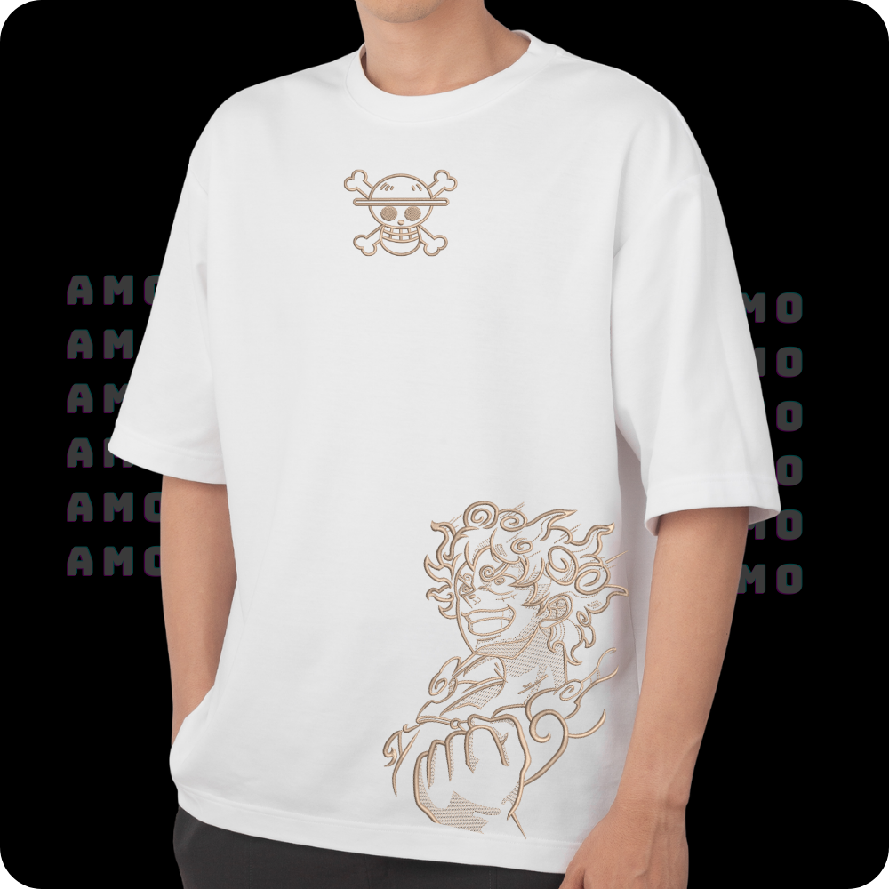Luffy Gear 5 One Piece Embroidered T-shirt – Anime Embroidery Fan Art Tee