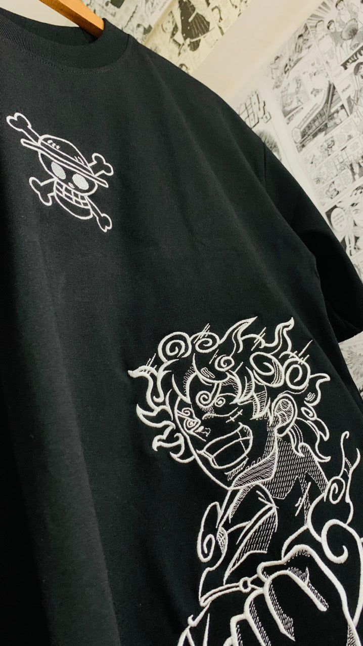 Luffy Gear 5 One Piece Embroidered T-shirt – Anime Embroidery Fan Art Tee