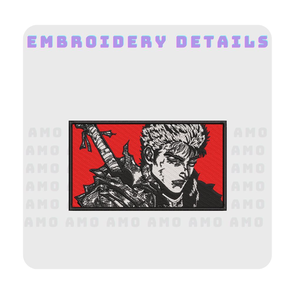Guts Berserk Anime Embroidered T-Shirt – Dark Fantasy Embroidery Tee for Fans