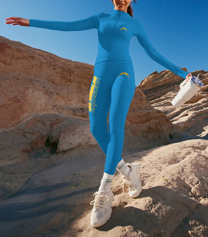 Los Angeles Chargers  2 Piece Workout  Sets :Sculpt High Waist Gym Leggings & long Sleeve Sports Top