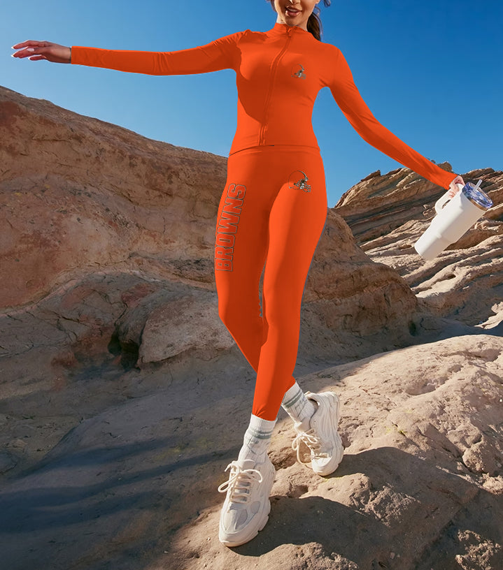 Cleveland Browns  2 Piece Workout  Sets :Sculpt High Waist Gym Leggings & long Sleeve Sports Top