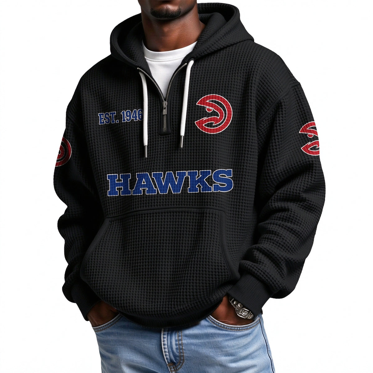 Atlanta Hawks EST 1946 Printed Waffle Quarter Zip Basketball Fan Hoodie