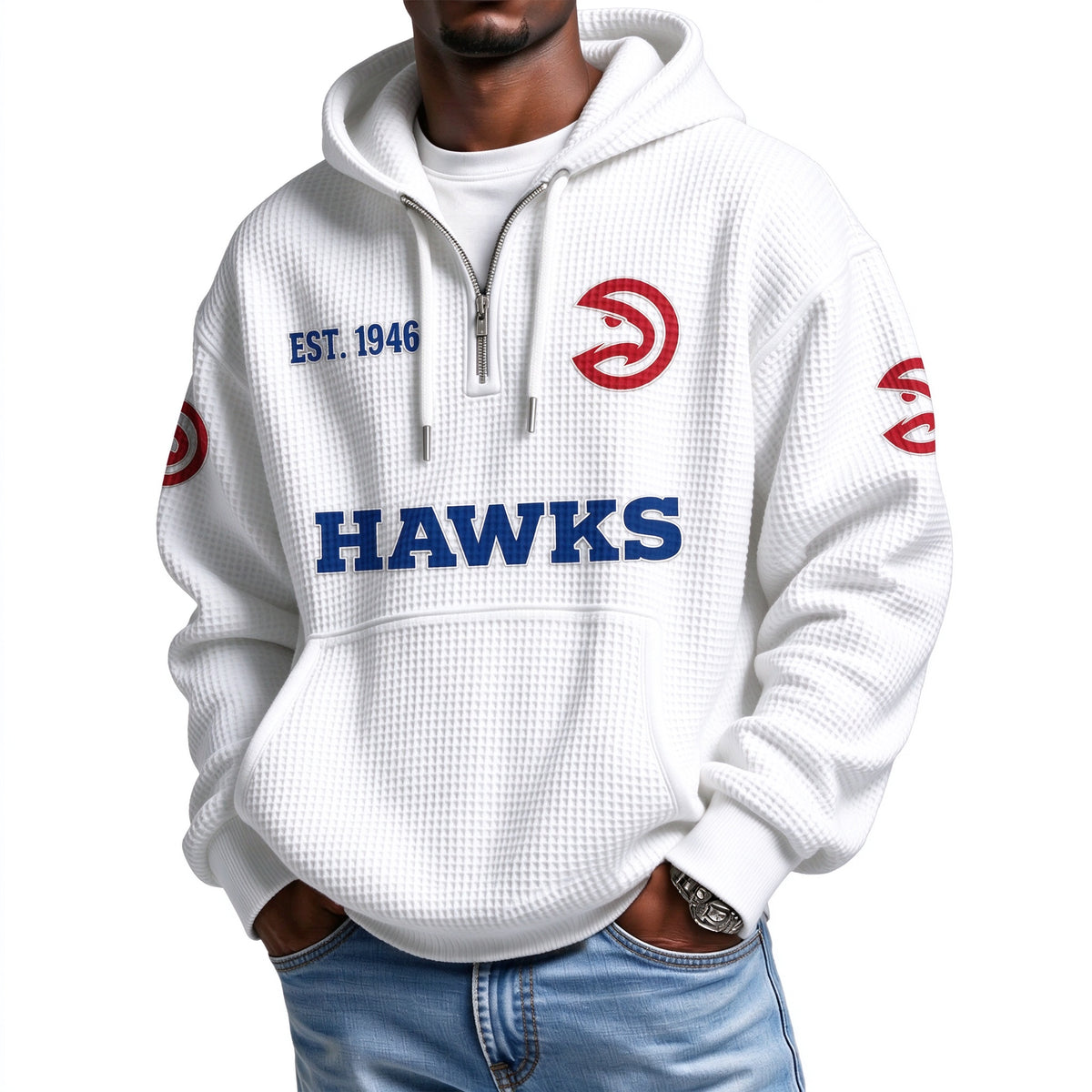 Atlanta Hawks EST 1946 Printed Waffle Quarter Zip Basketball Fan Hoodie