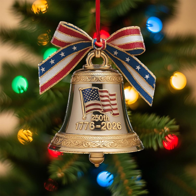 American Liberty Bell Ornament 250th Anniversary, Gold Christmas Bell with US Flag & Patriotic Bow, 1776 2026 USA Bicentennial Decoration