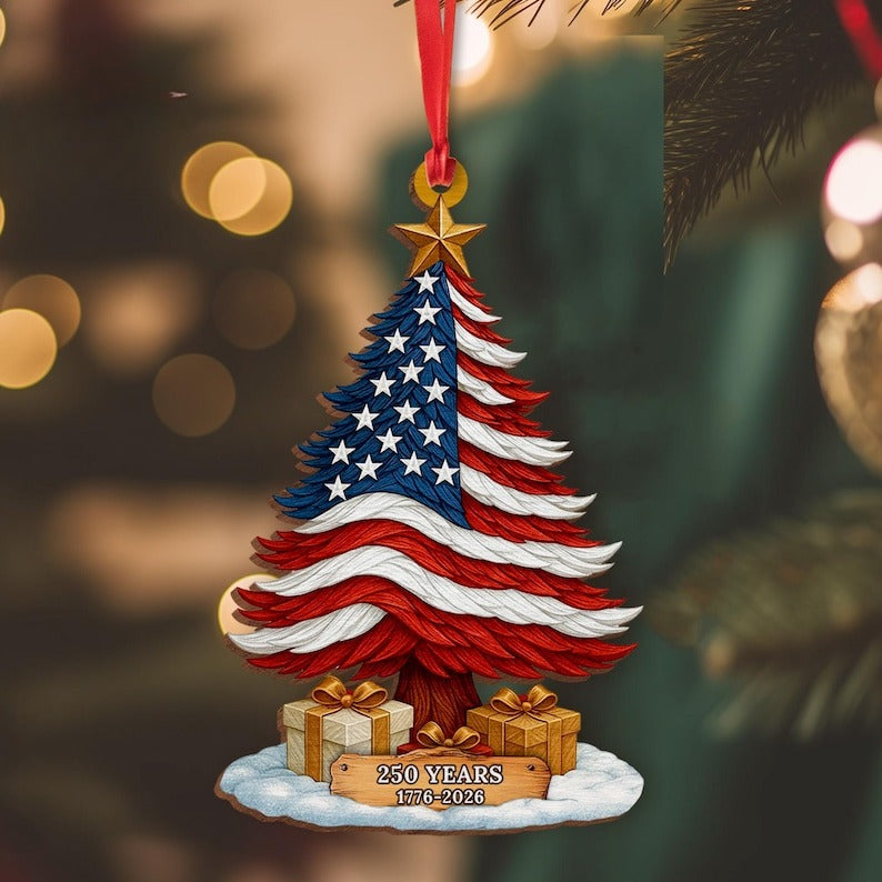 250 Years of America Patriotic Christmas Tree Wooden Ornament,1776-2026 Christmas Tree Decoration, Patriotic Ornament, Independence Day Gift, 2D Flat Ornament