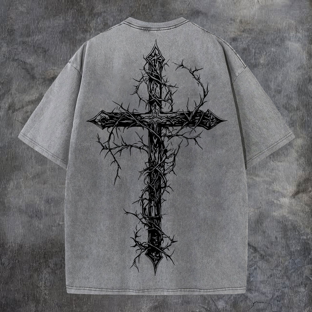 Thorned Cross Printed Men's Washed Tee