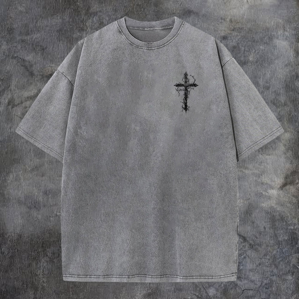 Thorned Cross Printed Men's Washed Tee