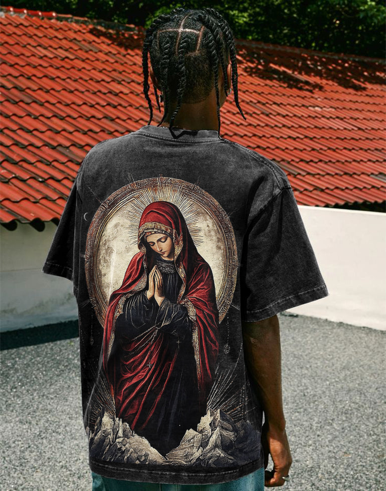 Praying Virgin Mary Mountain Printed Men's Washed Tee