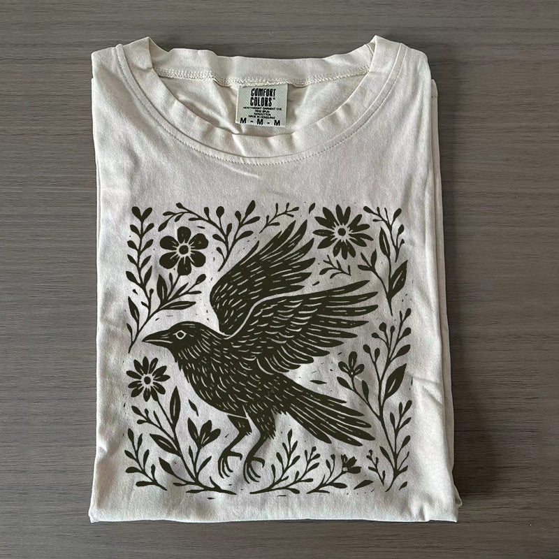Folk Art Linocut Crow T-Shirt