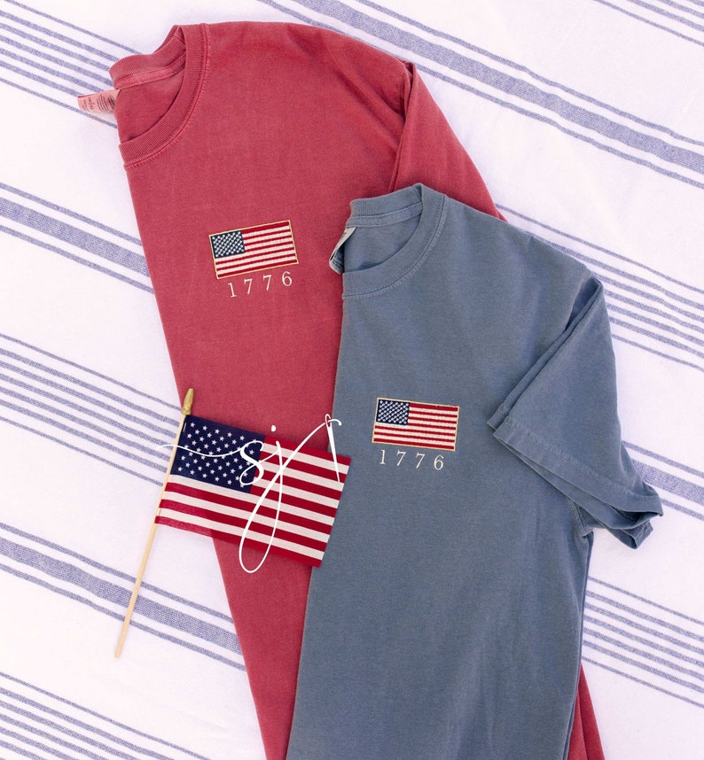 1776 Embroidered American Flag Tee Tank Long Sleeve Crewneck Sweatshirt  Patriotic Vintage Inspired 4th Of July Usa Shirt