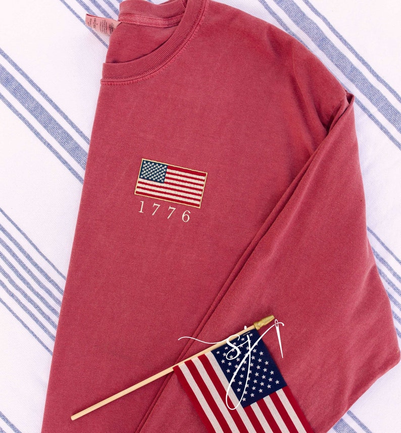 1776 Embroidered American Flag Tee Tank Long Sleeve Crewneck Sweatshirt  Patriotic Vintage Inspired 4th Of July Usa Shirt