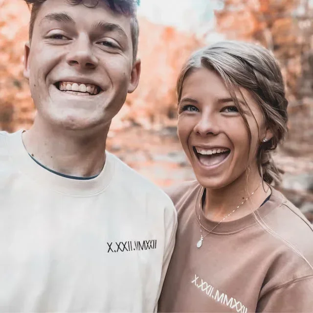 Custom Anniversary Date Embroidered Roman Numeral Matching Couple Shirt Crewneck Sweatshirt