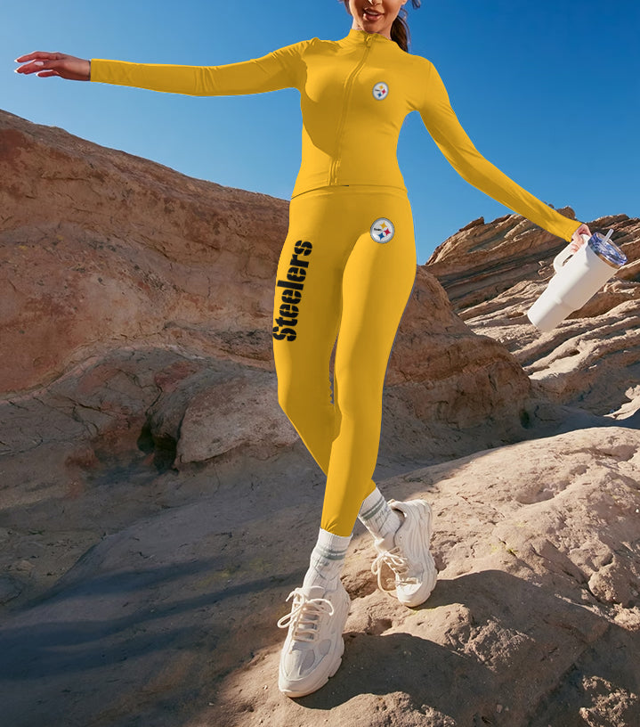 Pittsburgh Steelers 2 Piece Workout  Sets :Sculpt High Waist Gym Leggings & long Sleeve Sports Top