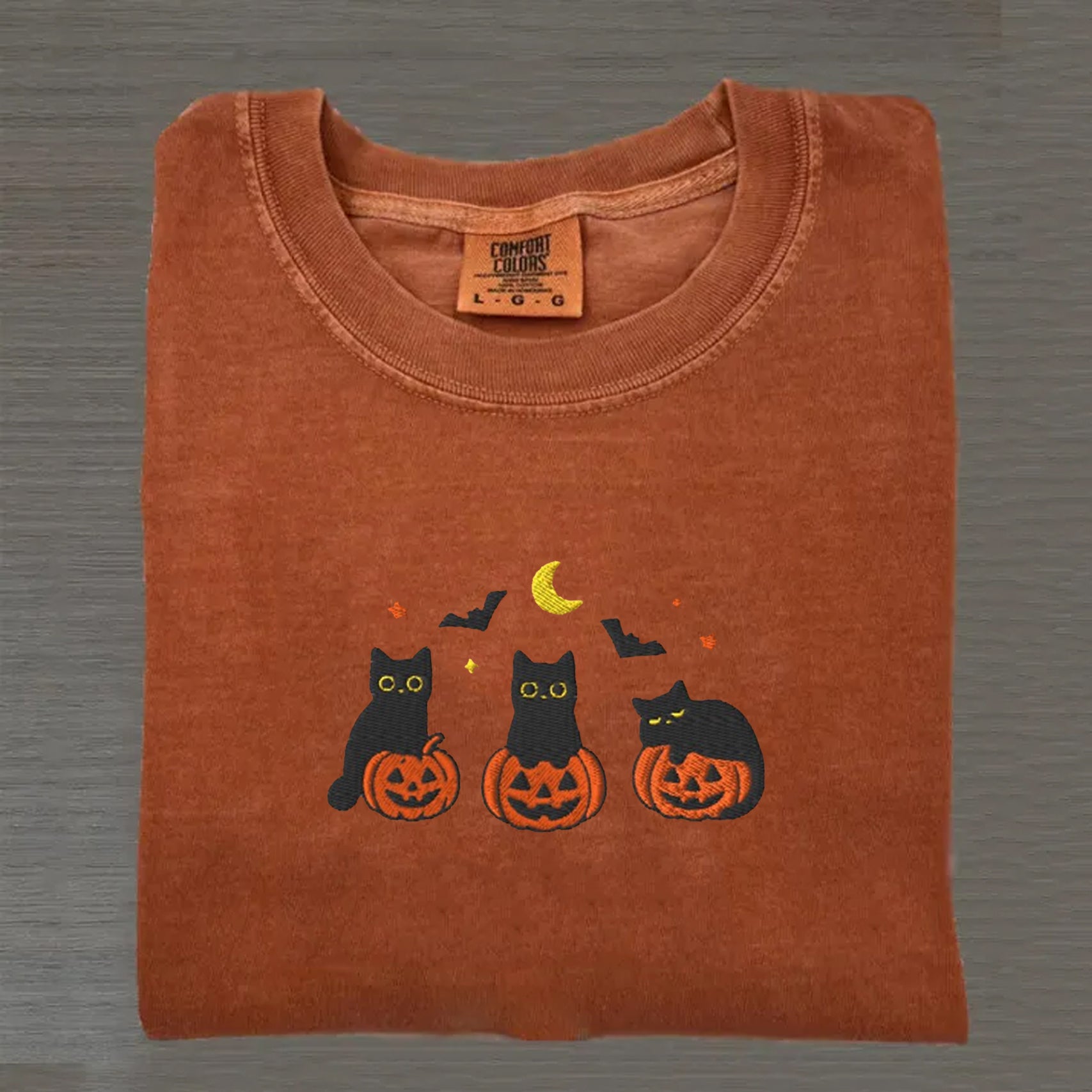 Black Cats and Pumpkins Embroidered T-Shirt