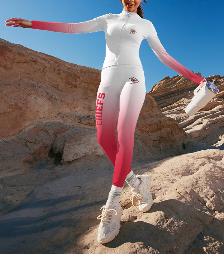 Kansas City Chiefs 2 Piece Workout  Sets :Sculpt High Waist Gym Leggings & long Sleeve Sports Top