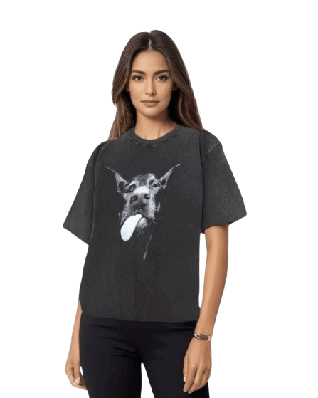 Vintage Washed Cotton T-Shirt Dog Face