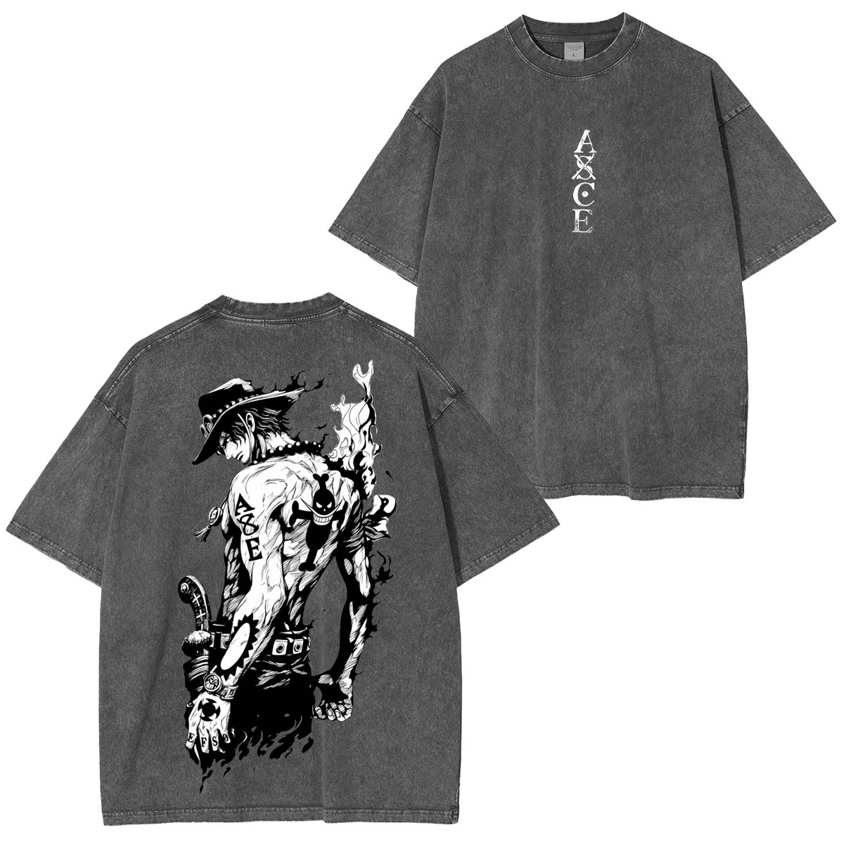 Portgas D. Ace One Piece Anime Double Printed Vintage Washed Tee