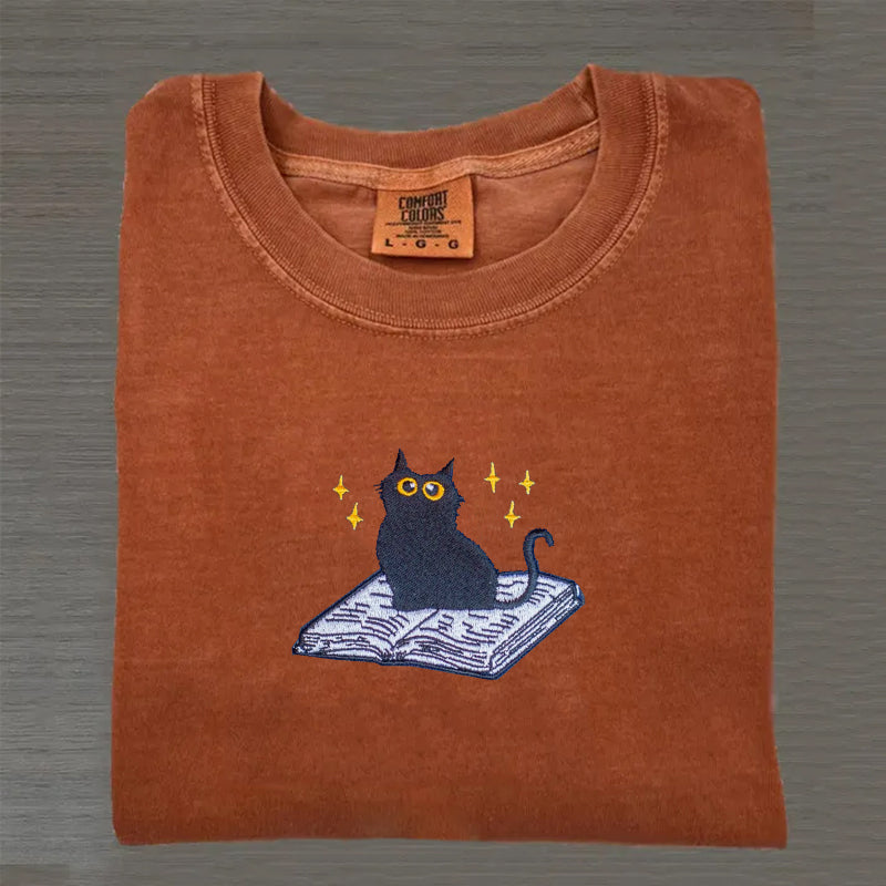 Embroidered Black Cat Book T-shirt