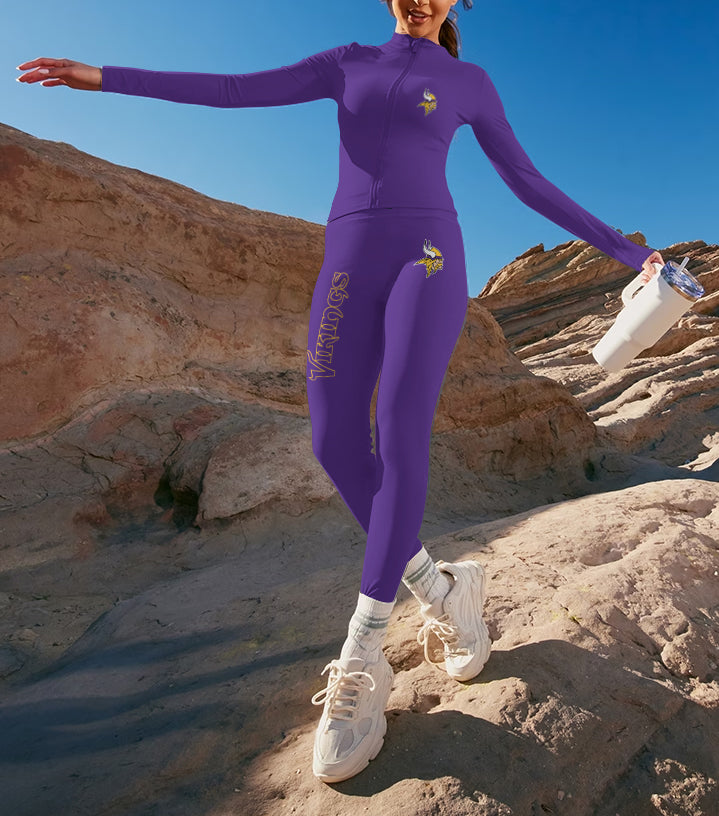 Minnesota Vikings 2 Piece Workout  Sets :Sculpt High Waist Gym Leggings & long Sleeve Sports Top