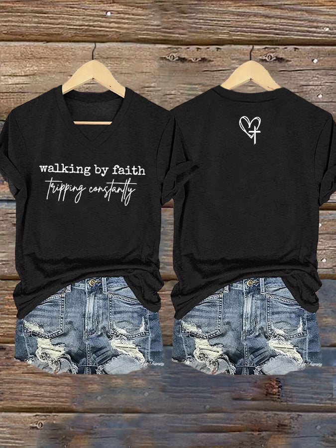 Women's Walking By Faith Tripping Constantly  Print T-Shirt