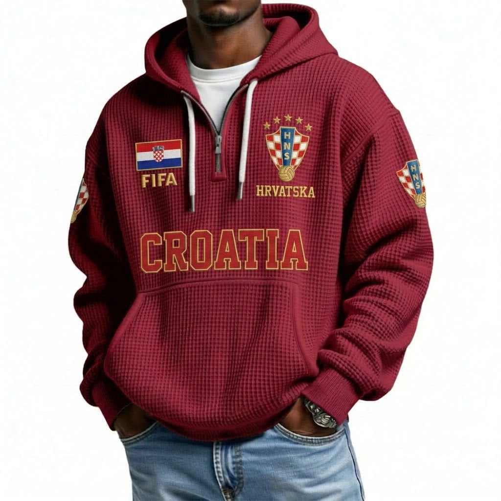 FIFA 2026 Croatia Printed Waffle Quarter Zip Football Fan Hoodie