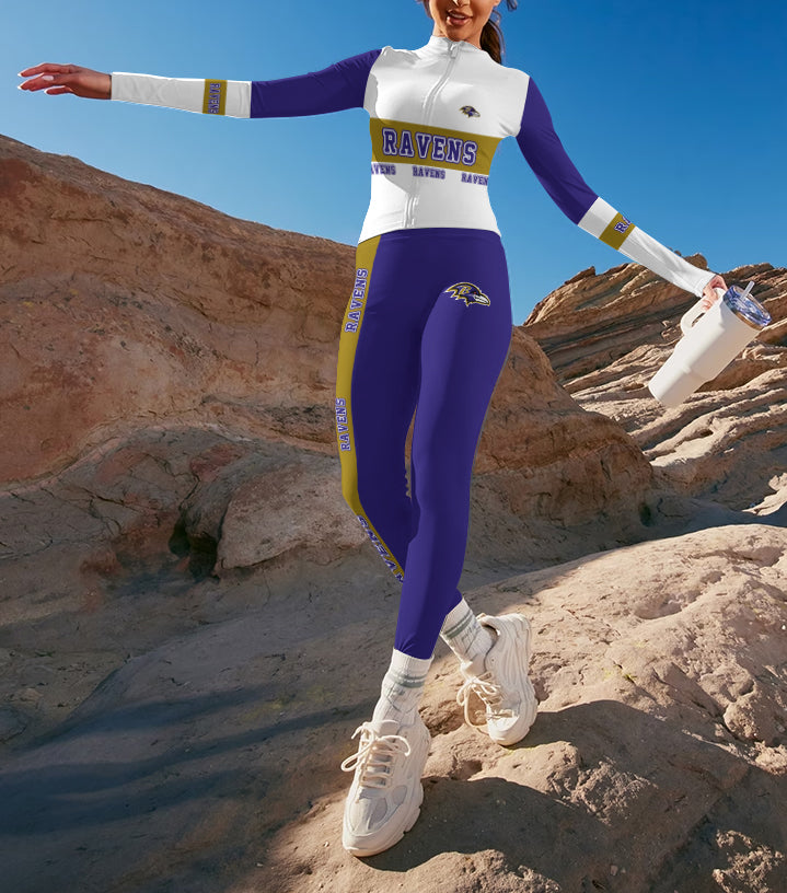 Baltimore Ravens 2 Piece Workout  Sets :Sculpt High Waist Gym Leggings & long Sleeve Sports Top