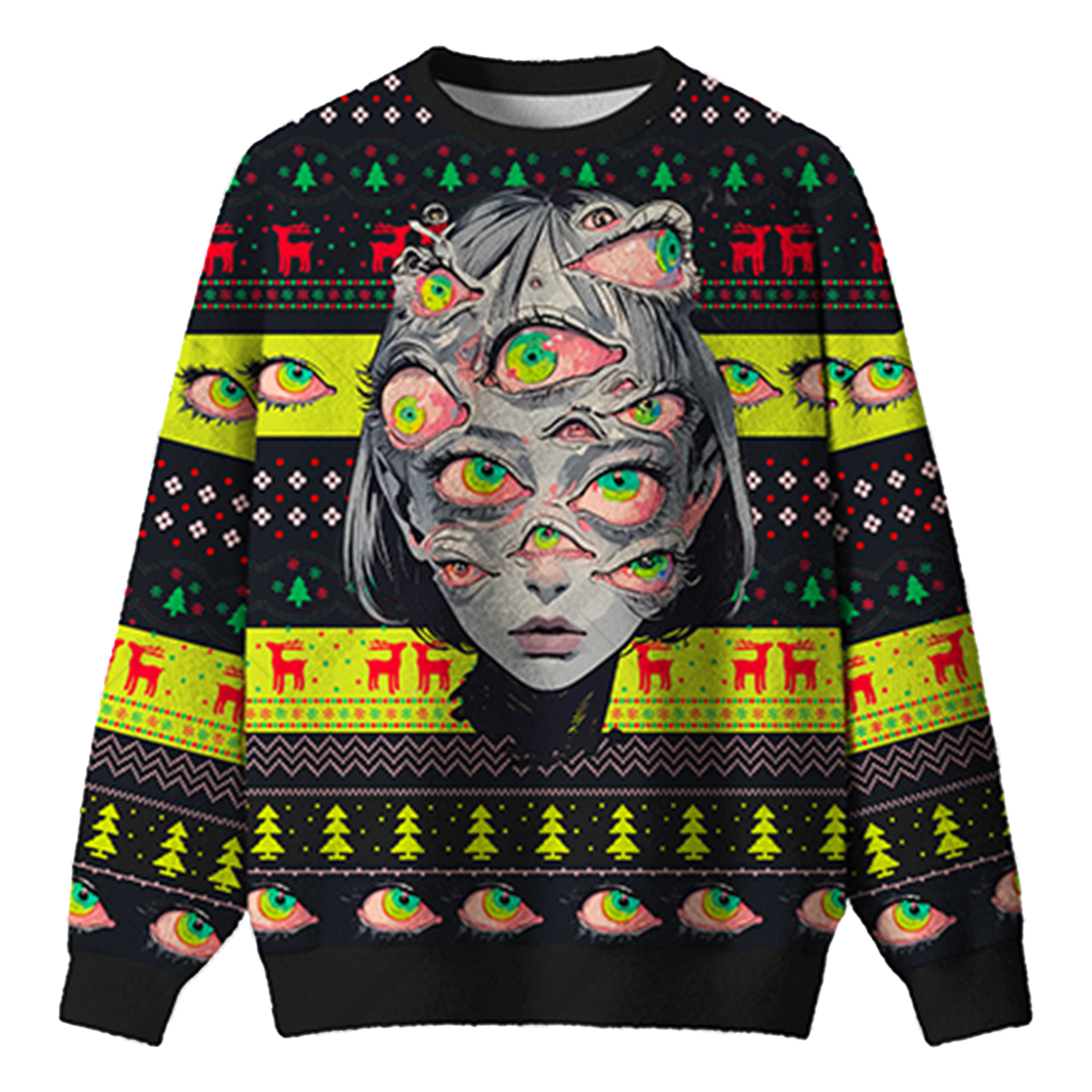 MULTI EYED ILLUSION ART UGLY CHRISTMAS SWEATSHIRT — image 1