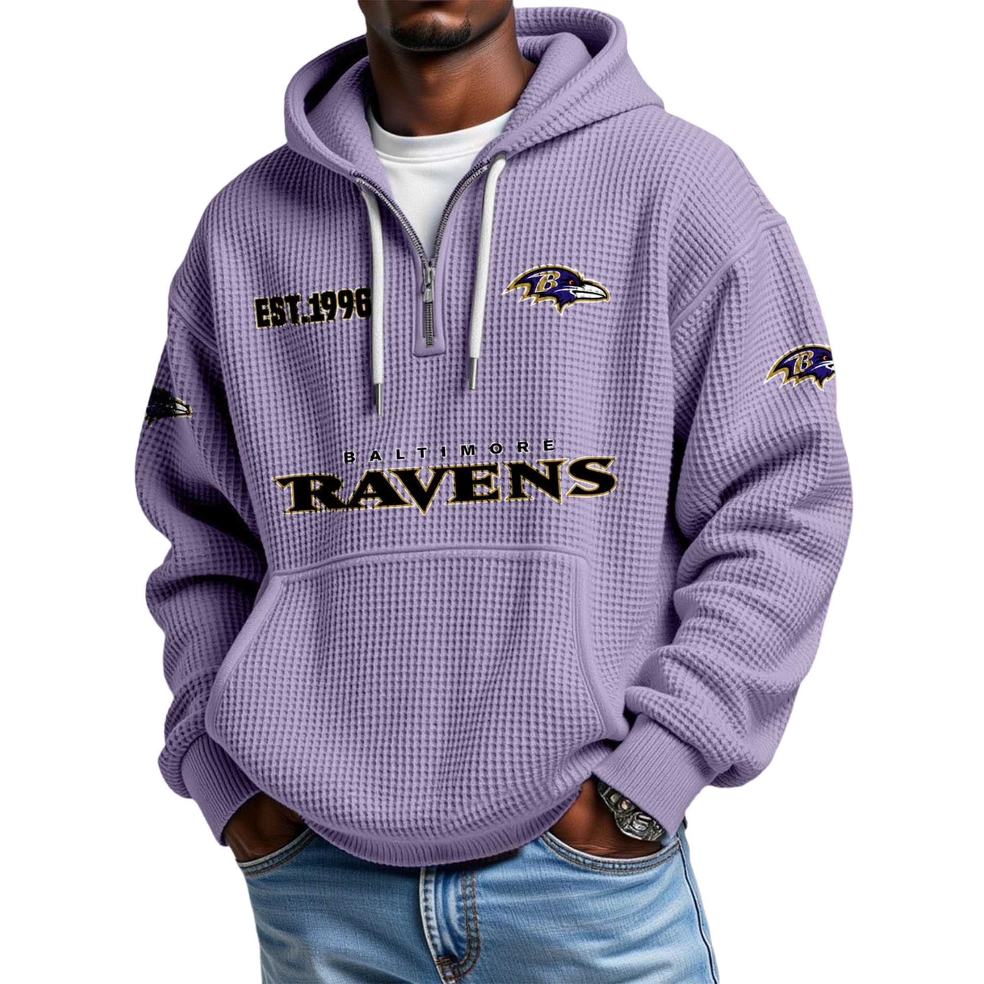 Baltimore Ravens EST 1996 Printed Quarter Zip Waffle Football Fan Hoodie
